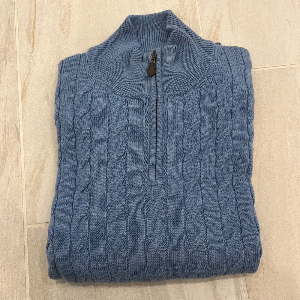 1/4 zip chambray blue cable knit lambswool Brooks Brothers mens sweater size L